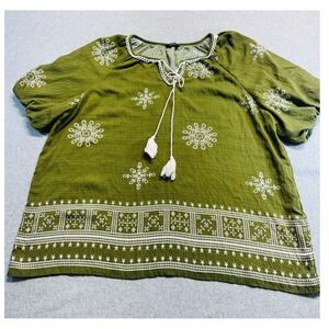 Fashion Peasant Blouse Womens XXL Olive Green Embroidered Tassel Tie Boho Top